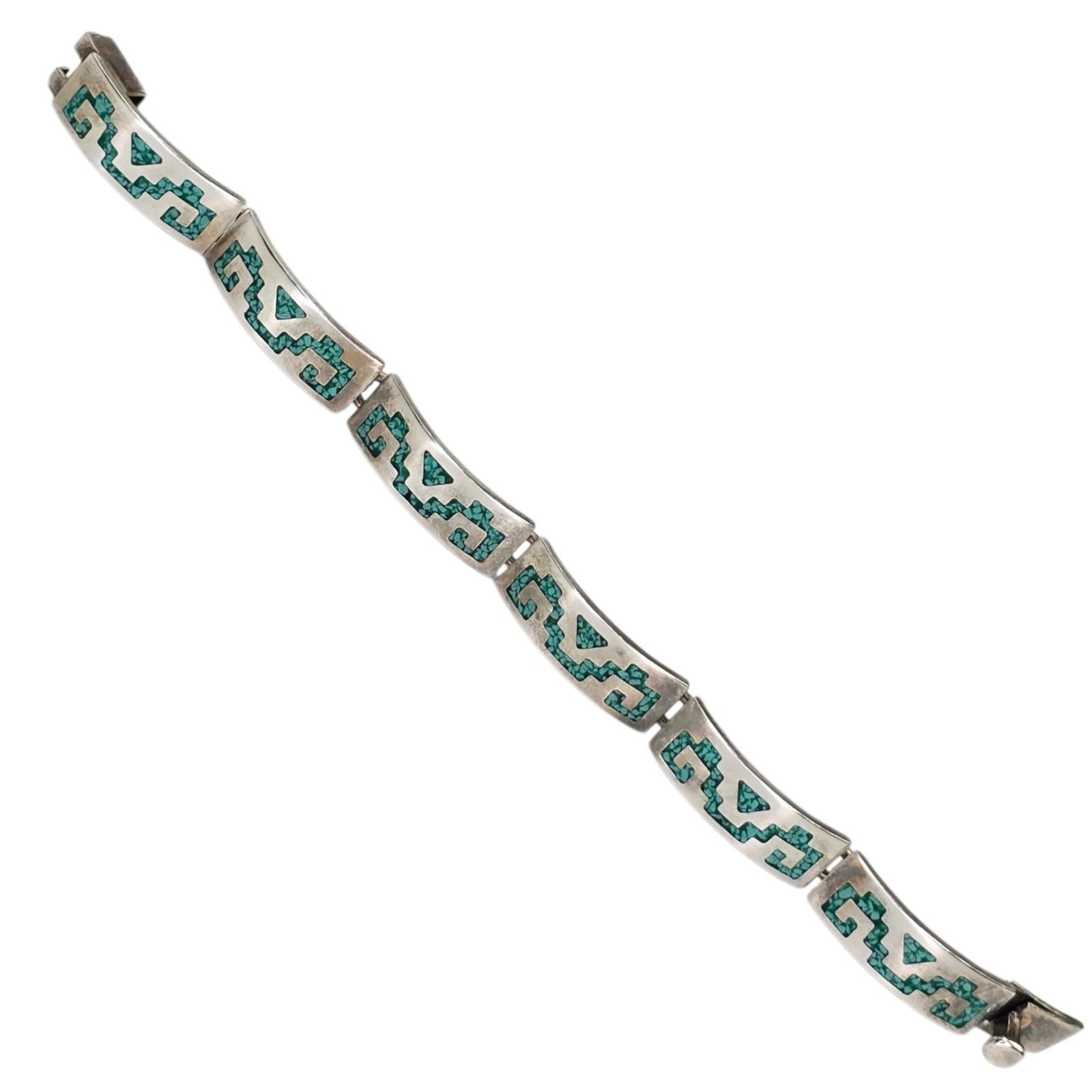 Vintage Signed Taxco Mexico Sterling Silver Turquoise Chip Inlay Link Bracelet