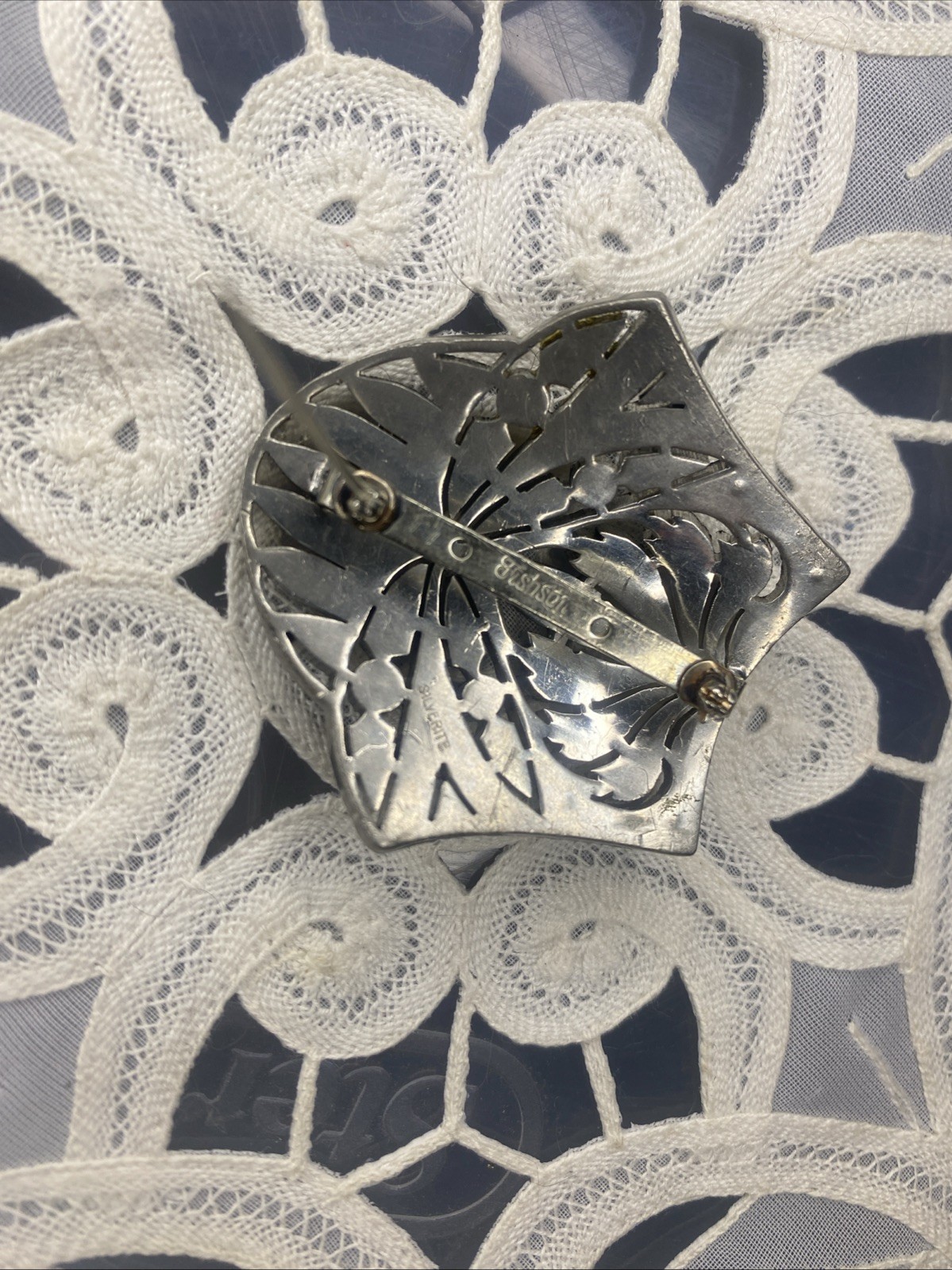 Vintage Art Deco Engraved Fishsom Silver it’s Clear Rhinestone Brooch Shield