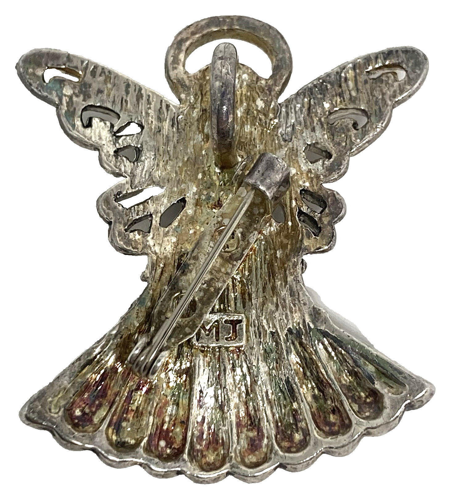 Vintage Signed MJ Marie Jennifer Silver Tone Rhinestone Angel Brooch/ Pendant
