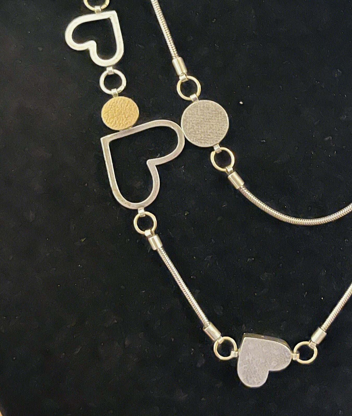 Vtg Estate Mid Century Modernist Textured Sterling Gold Hearts Station Necklace