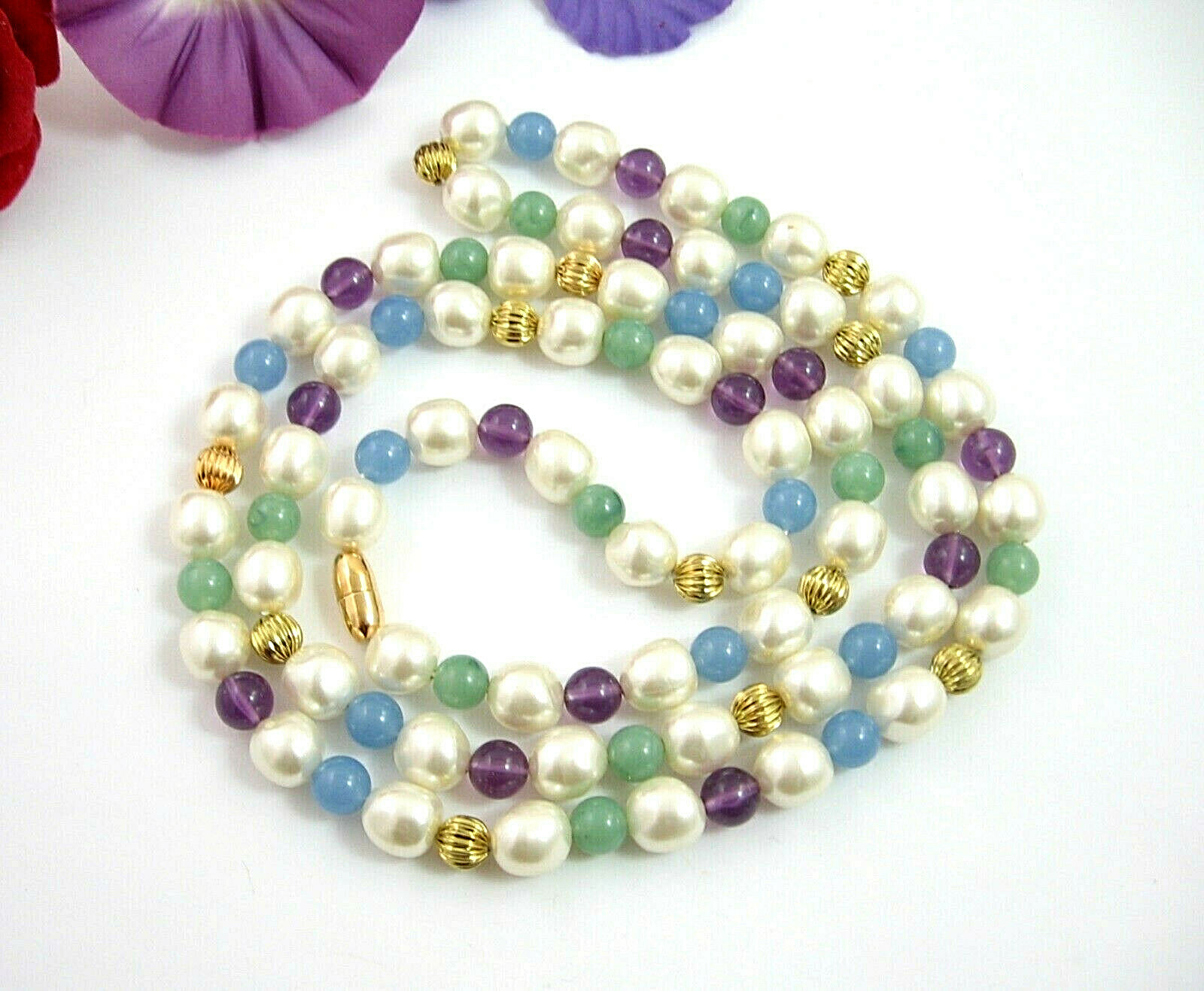 White PURPLE BLUE MINT GREEN BEADED Necklace 4 Color Beads Vintage Goldtone 36″
