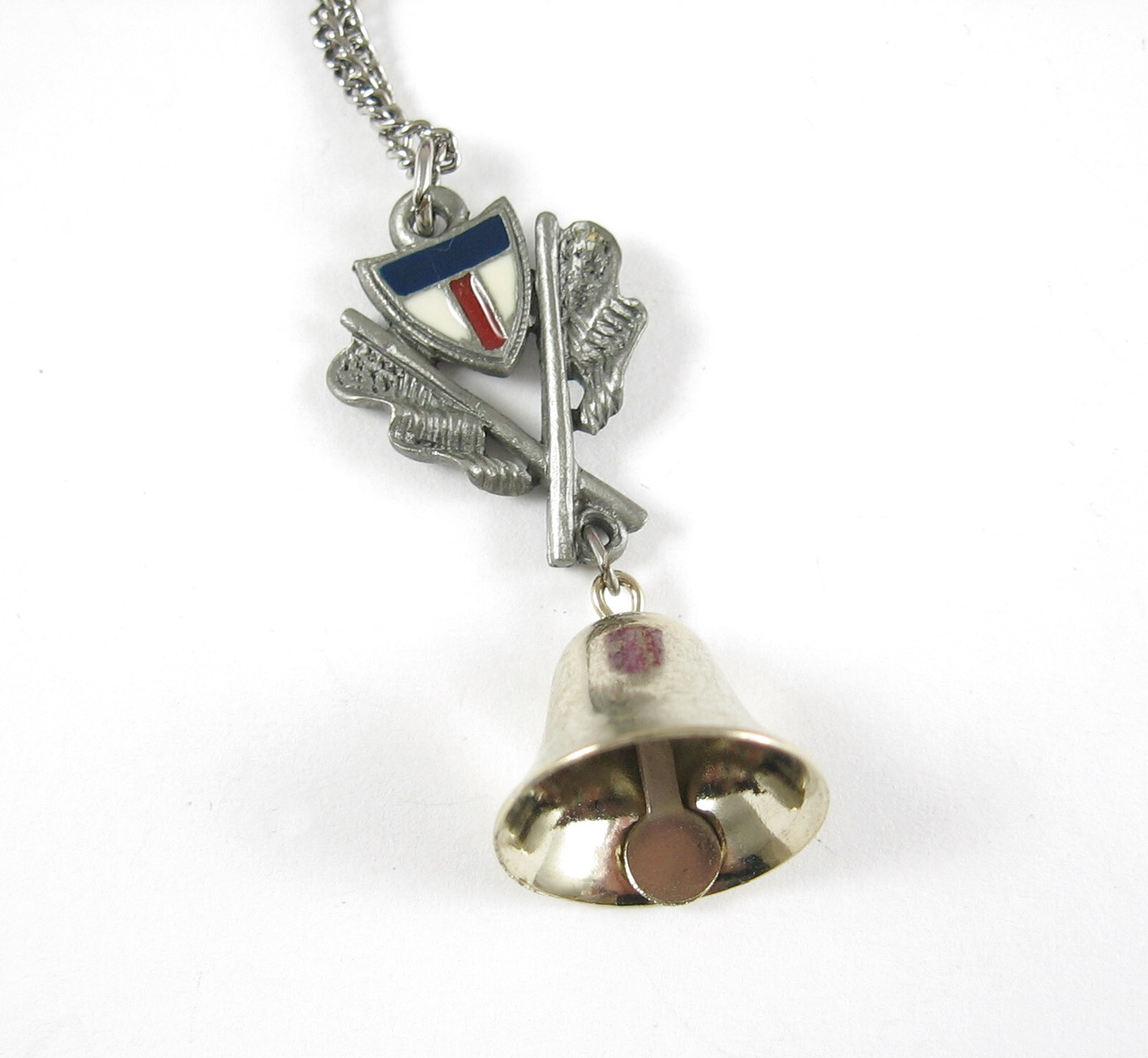 Red White Blue Enamel SHIELD Pewter Pendant Vintage Necklace Silvertone BELL ART