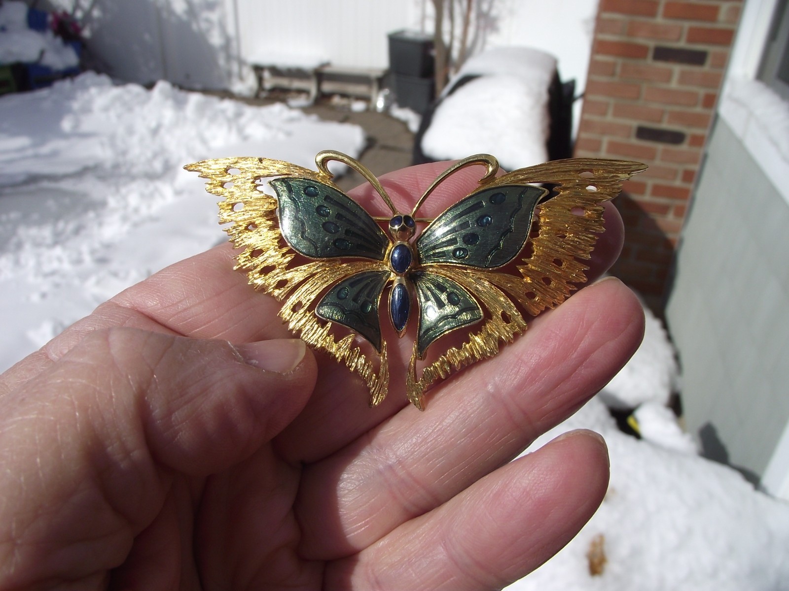 A VINTAGE ORENA PARIS GREEN AND BLUE ENAMEL GOLD TONE BUTTERFLY BROOCH FRANCE