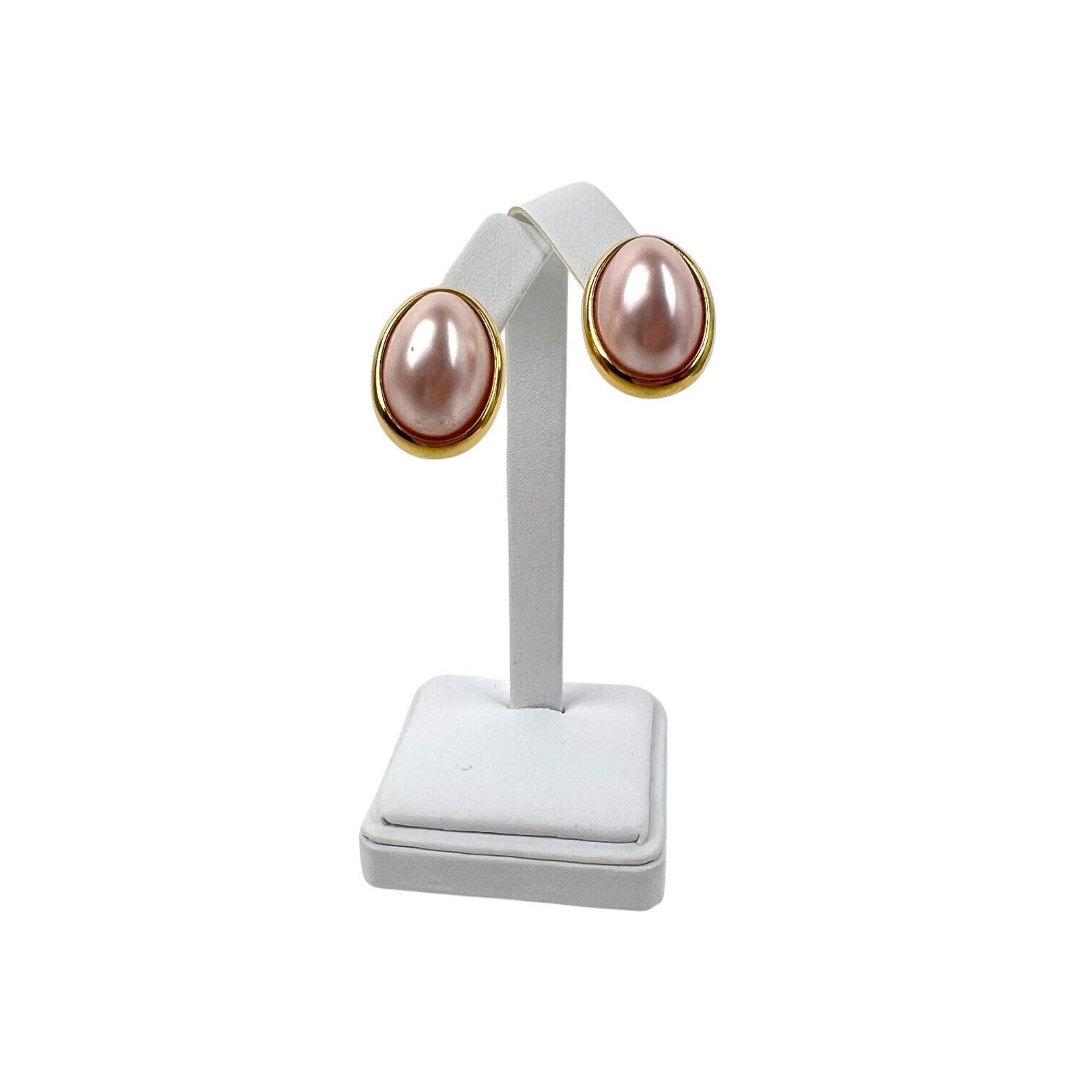 Vintage Trifari Earrings Pink Lucite Cabochon Pierced Stud Oval Gold Tone Pastel