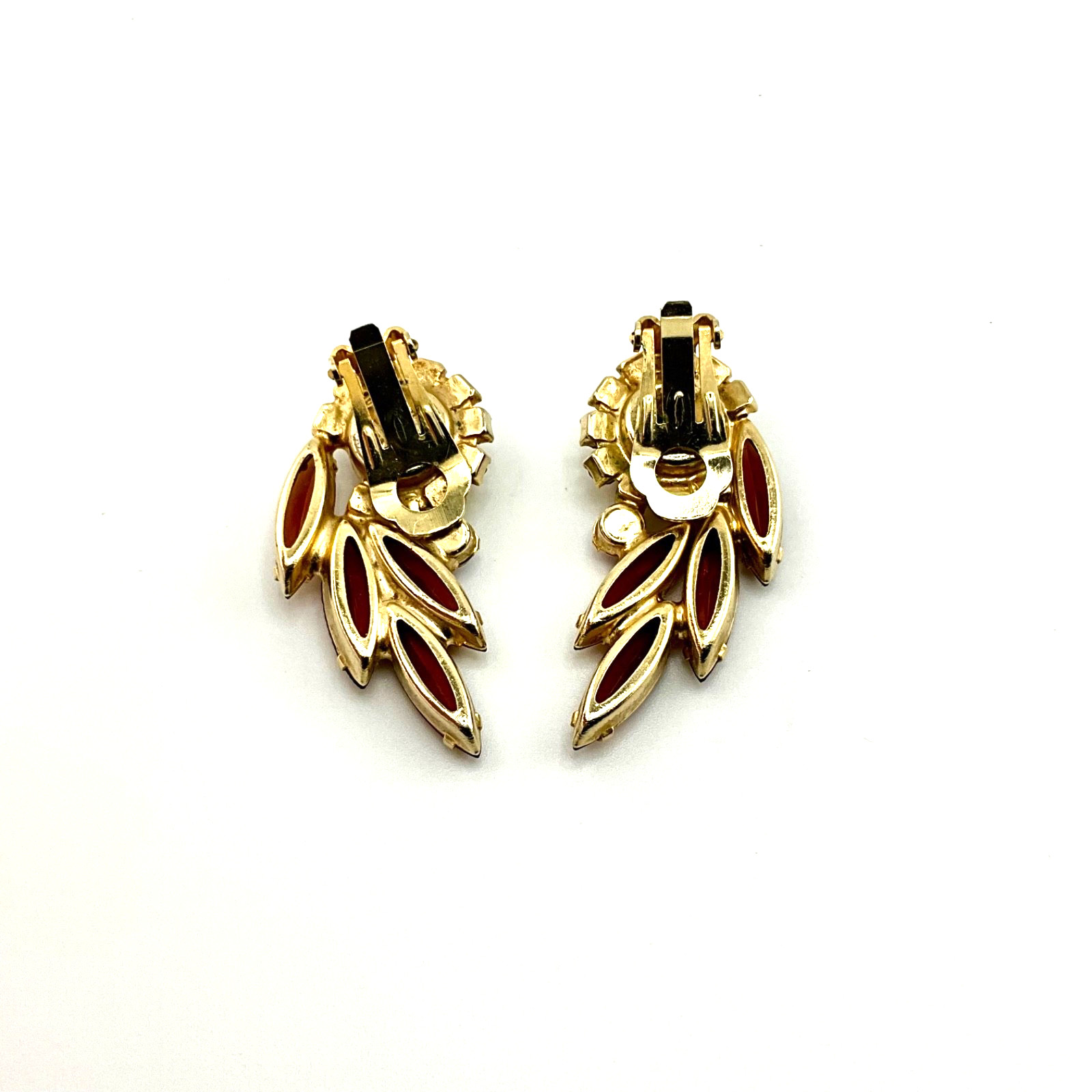 Vintage Mid Century Modern Crystal Clip Earrings Amber Navette Aurora Borealis