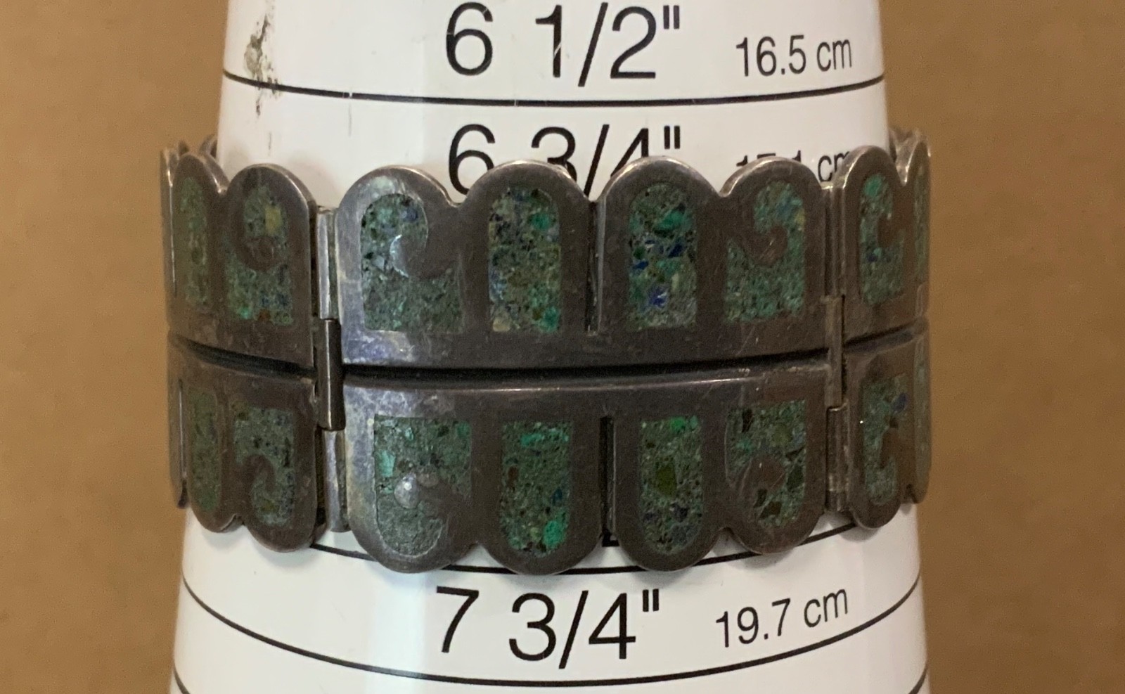 RQH Vintage Mexican Turquoise Chip Inlay, Sterling Silver Hinged Panel Bracelet