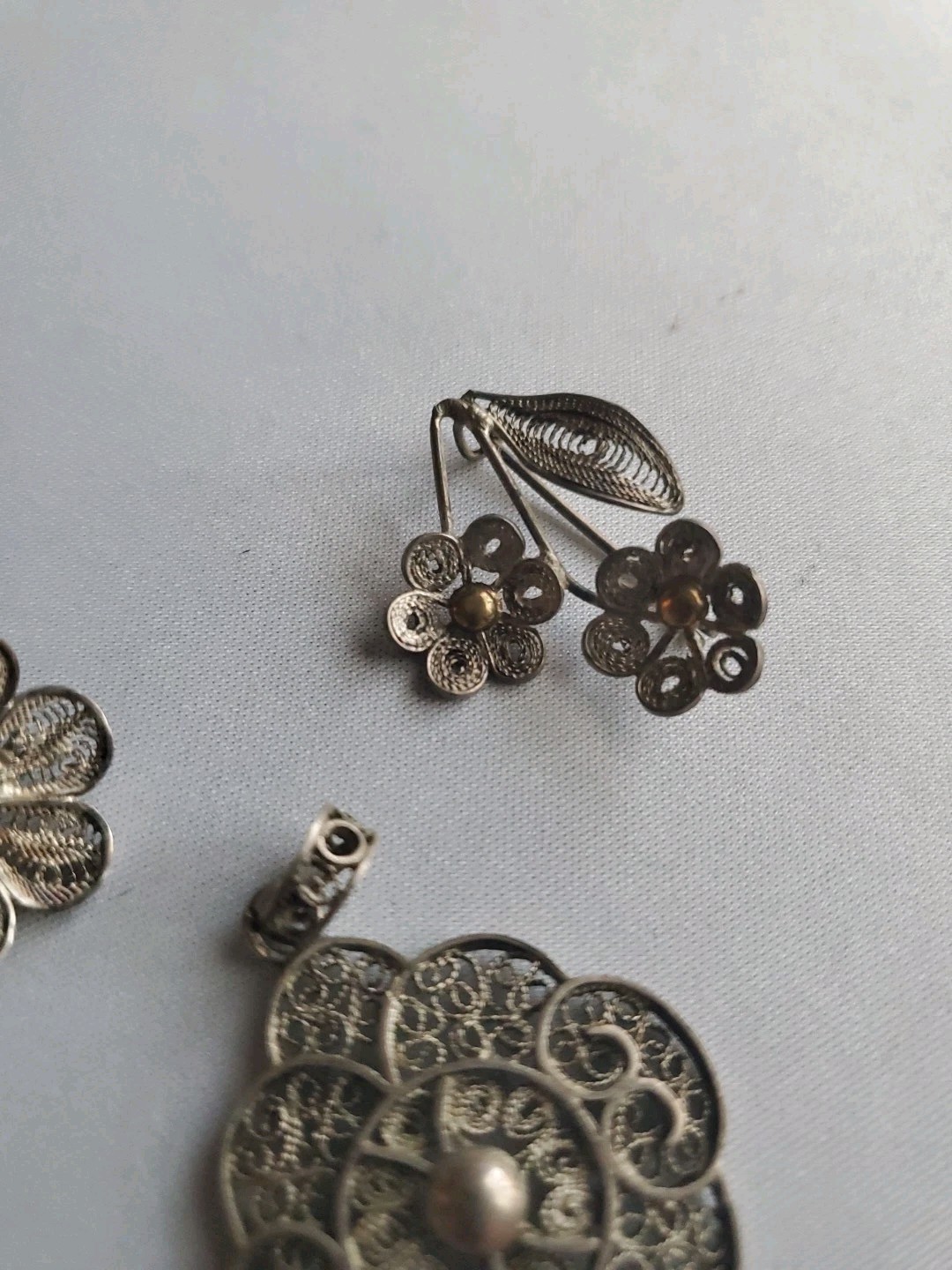Vintage Filigree Round Metal Pendant and Matching Metal and Silver Pins/Brooches
