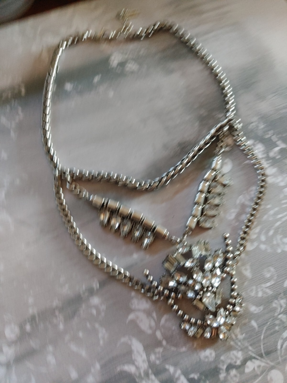 Vintage necklace silver metal chain acrylic rhinestone bib signed Sugarfix