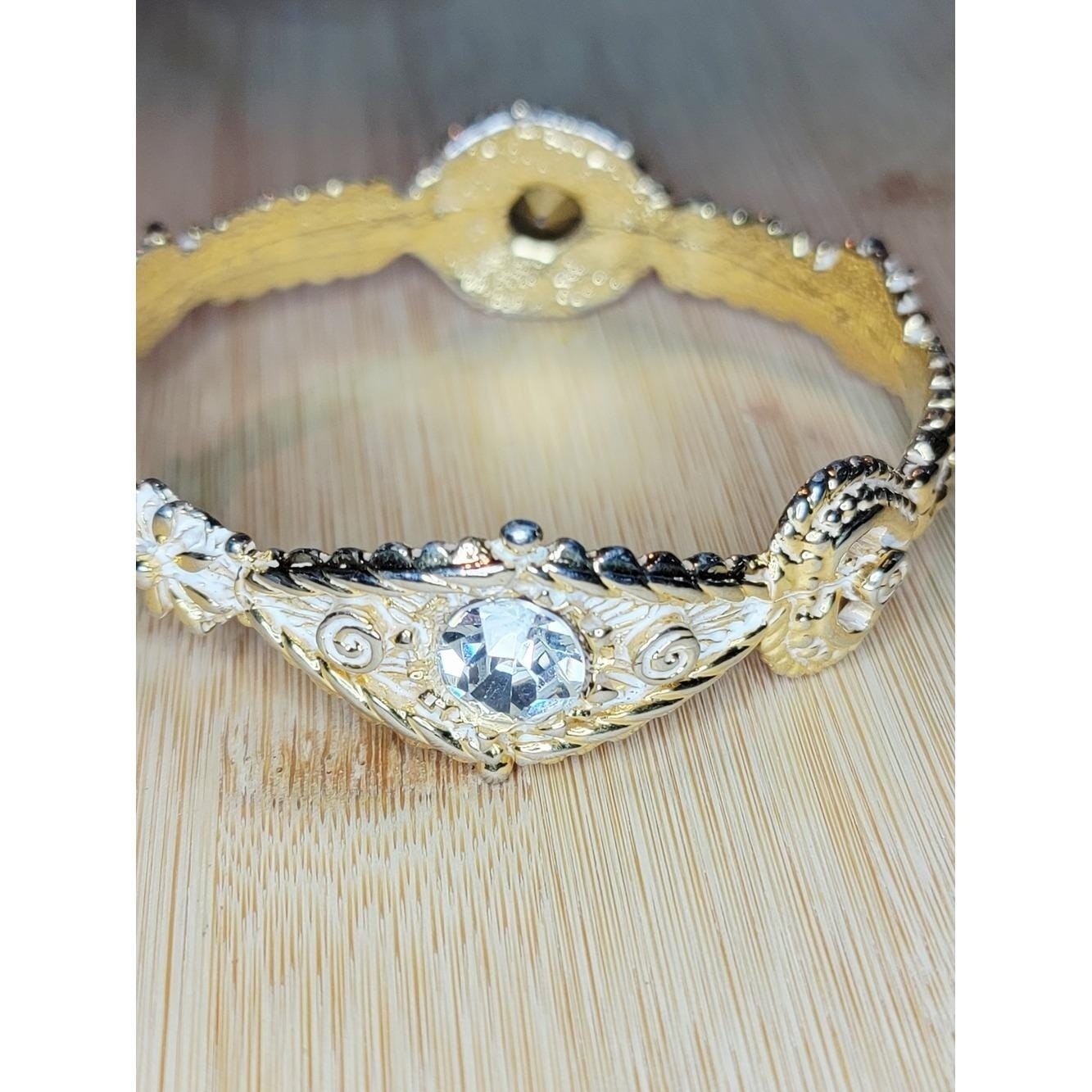 Vintage Gold Tone Rhinestone Bracelet White Enamel Ornate Hinged Bangle
