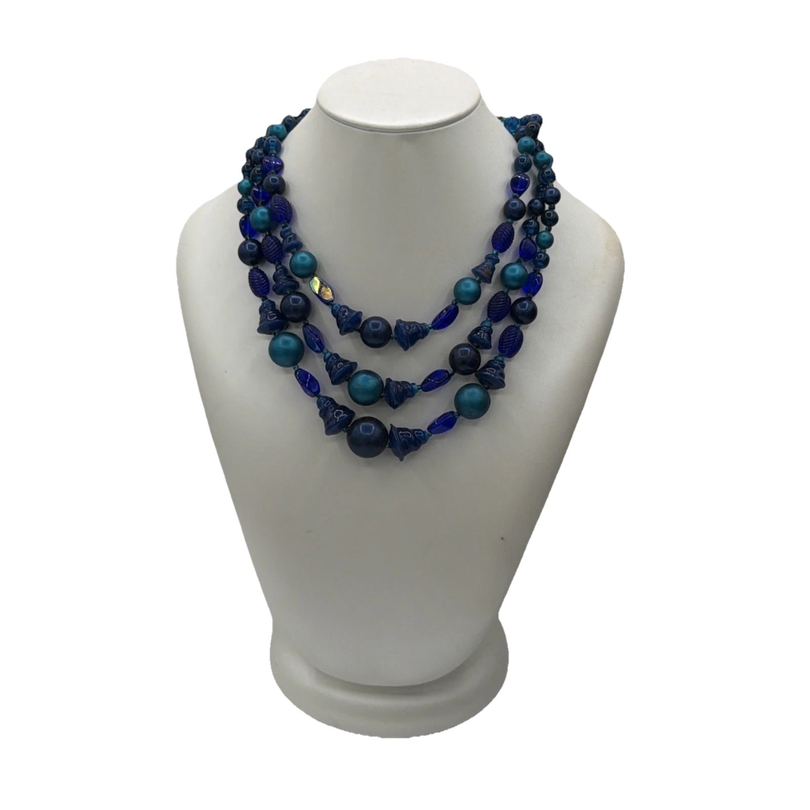 Japan Signed Vintage Multi‑Strand Blue Beaded Necklace – Art Glass Statement