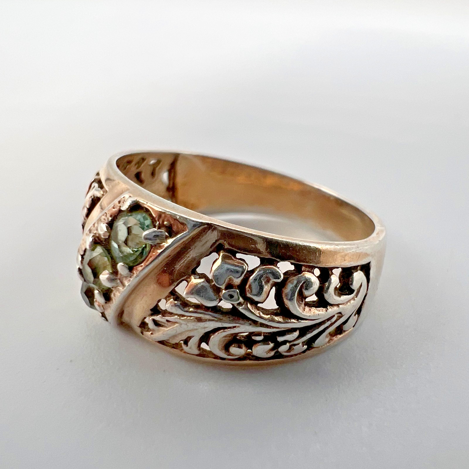 Vintage Soviet Silver 875 Ring with Green Stones Floral Design Size 6.5