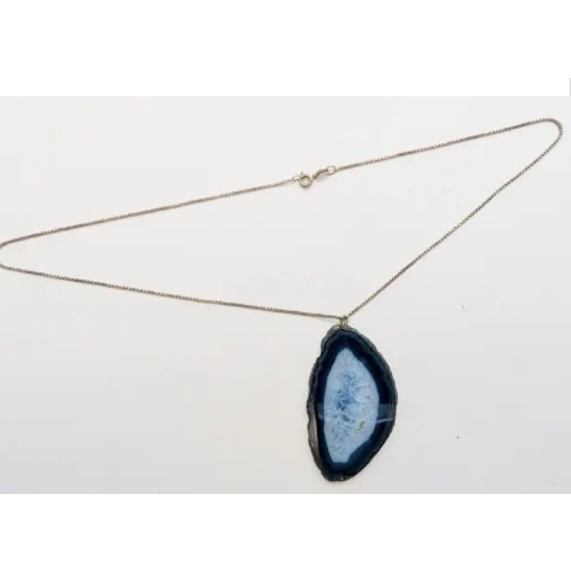 Blue Geode Slice Pendant on 18 inch 925 Sterling Silver chain Made In Italy