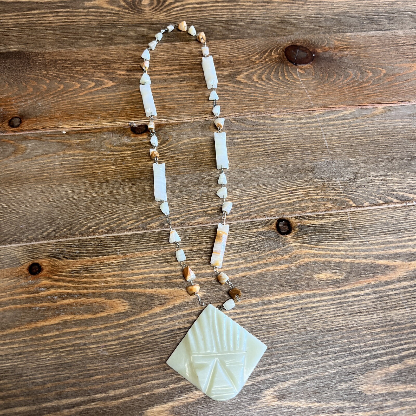 Aztec Hand Carved Stone Necklace Brown White Marble Onyx Alabaster Vintage