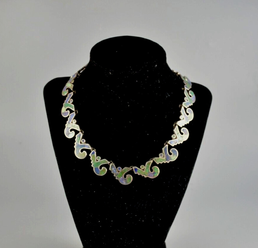 Los Castillo Mosaico Azteca 161 – Taxco Silver Mosaic Inlay Necklace – 16″