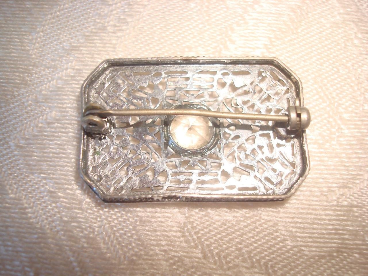 Art Deco Silver Color Filigree Pin Brooch Clear Rhinestone 7/8 x 1 1/4 In. KJ