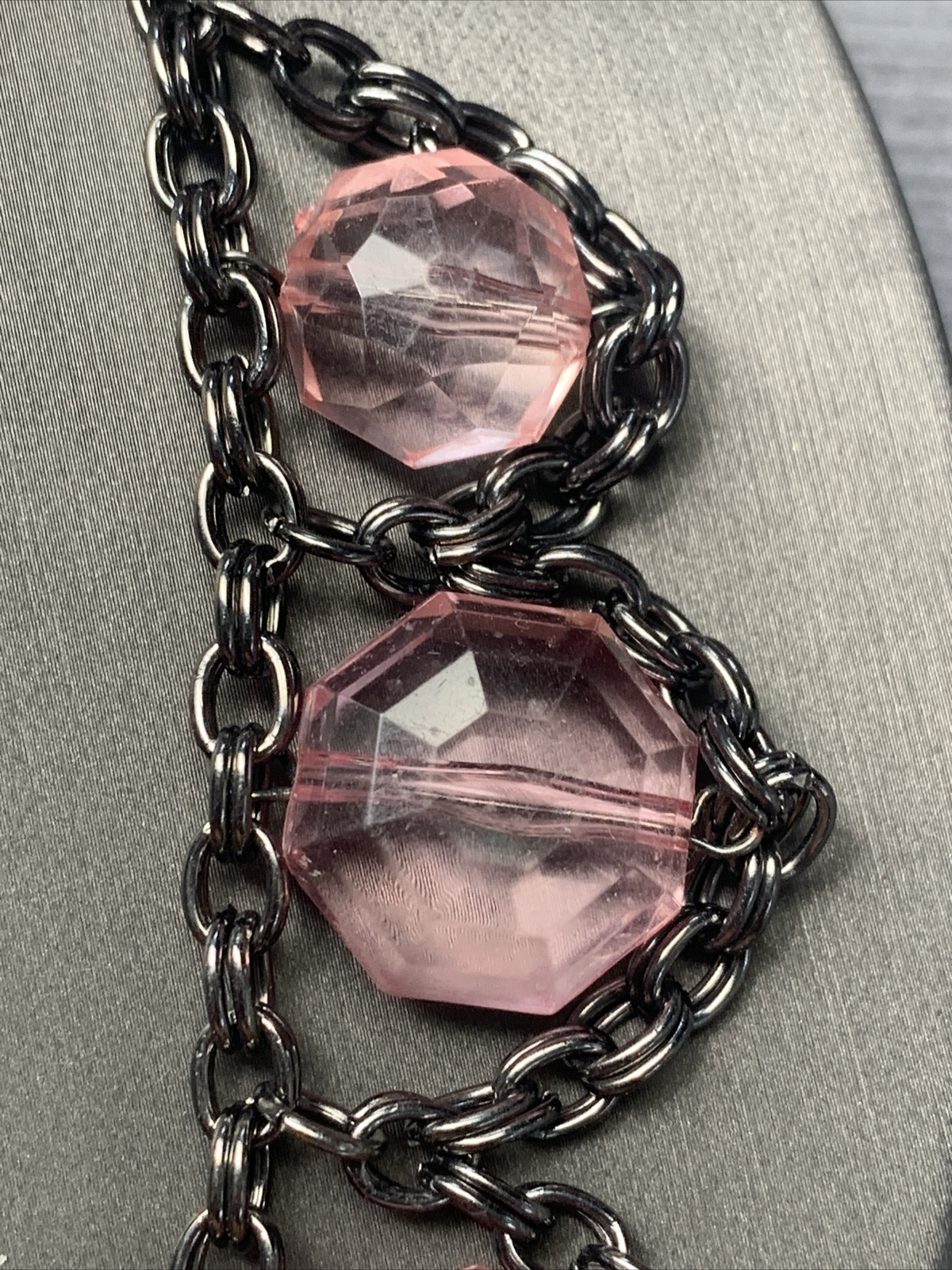 Vintage Beaded Necklace 18” Boho Pink, Gunmetal, Gray, Bib Statement