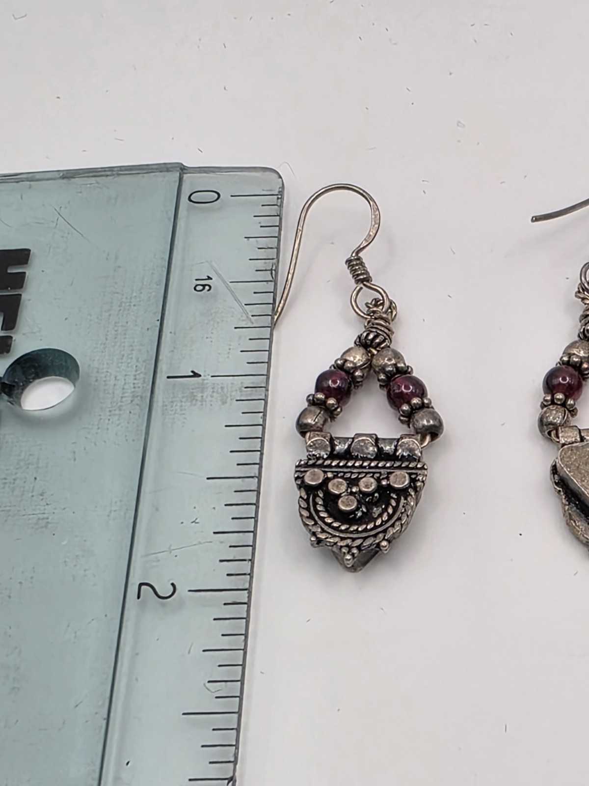 Vintage Dangle Boho Silver And Red Beads Pierced Earrings Hooks Marked 925