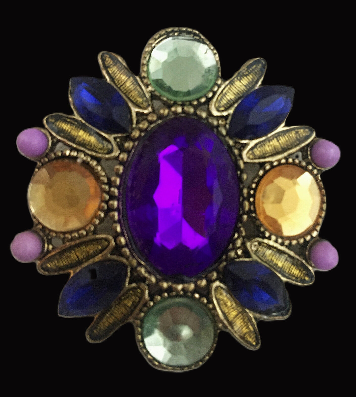 GoldTone Rhinestone Pendant Oval Embossed Faceted Purple Blue Yellow Vintage