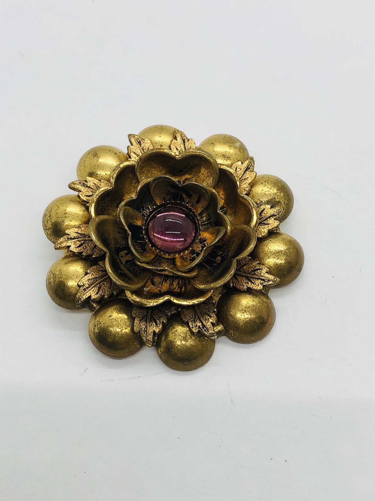 Vintage bronzetone flower brooch pink stone cabochon