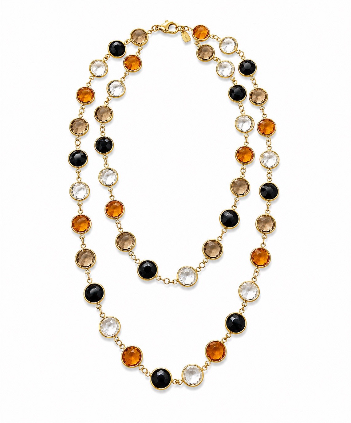Long Gold Tone Station Necklace Amber Black Clear Faceted Crystal Bezel Set 36”