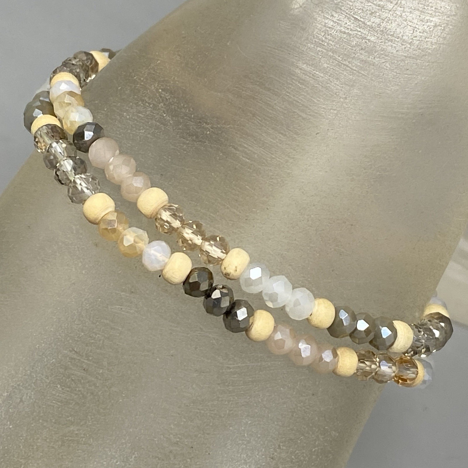 Glass Beaded Bracelet Set of 2 Cream Gray Fire Polished Faceted Tassel Stretch
