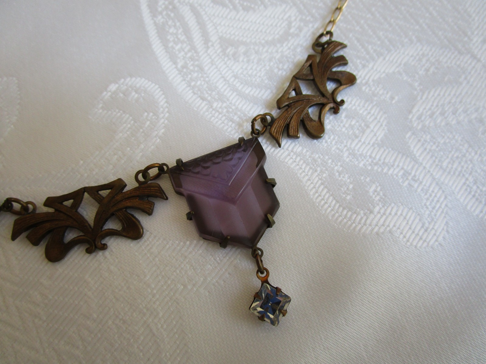Vintage Glass Works Studio Purple Glass Clear Rhinestone Necklace 19” L Rare