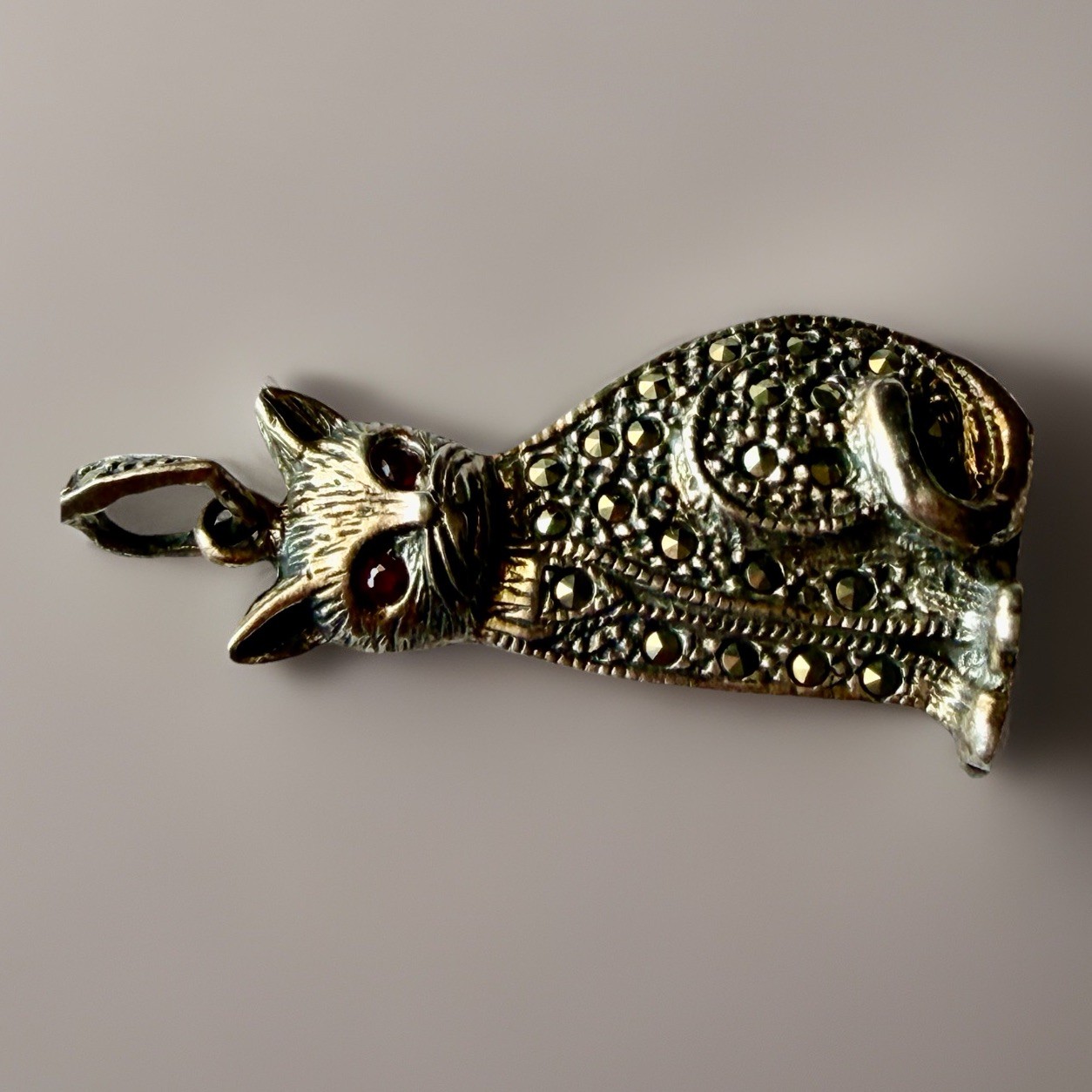 Vintage Sterling Silver 925 Cat Marcasite Pendant With Red Garnet Eyes 1.5”, 6g