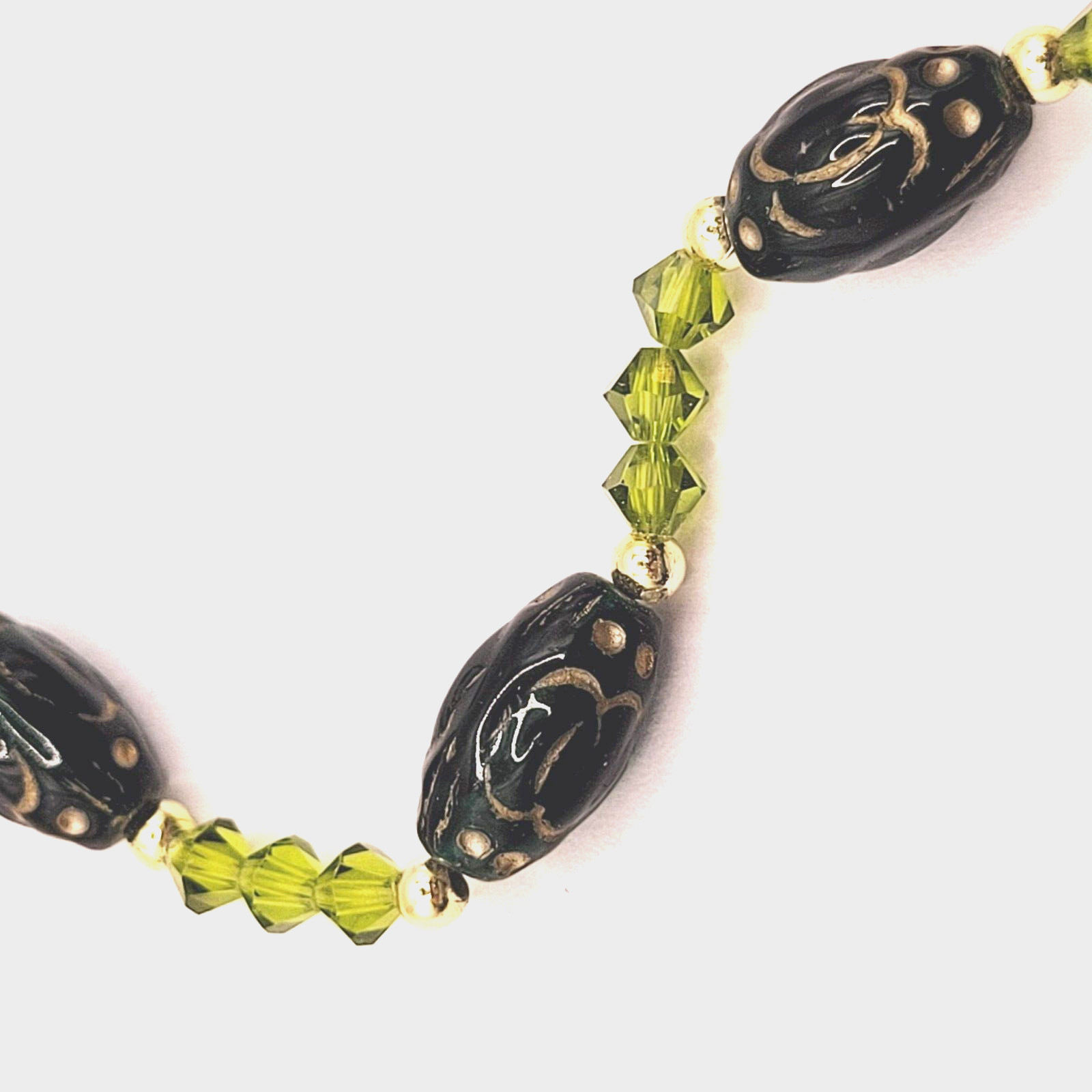 Green Art Glass Crystal Vintage Necklace Light & Dark Green Shades Gilded Beads