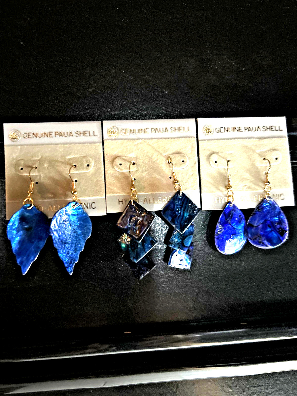 Vtg 3 pair Iridescent Cobalt Blue Genuine Paua Shell Earrings Hypo-allergenic