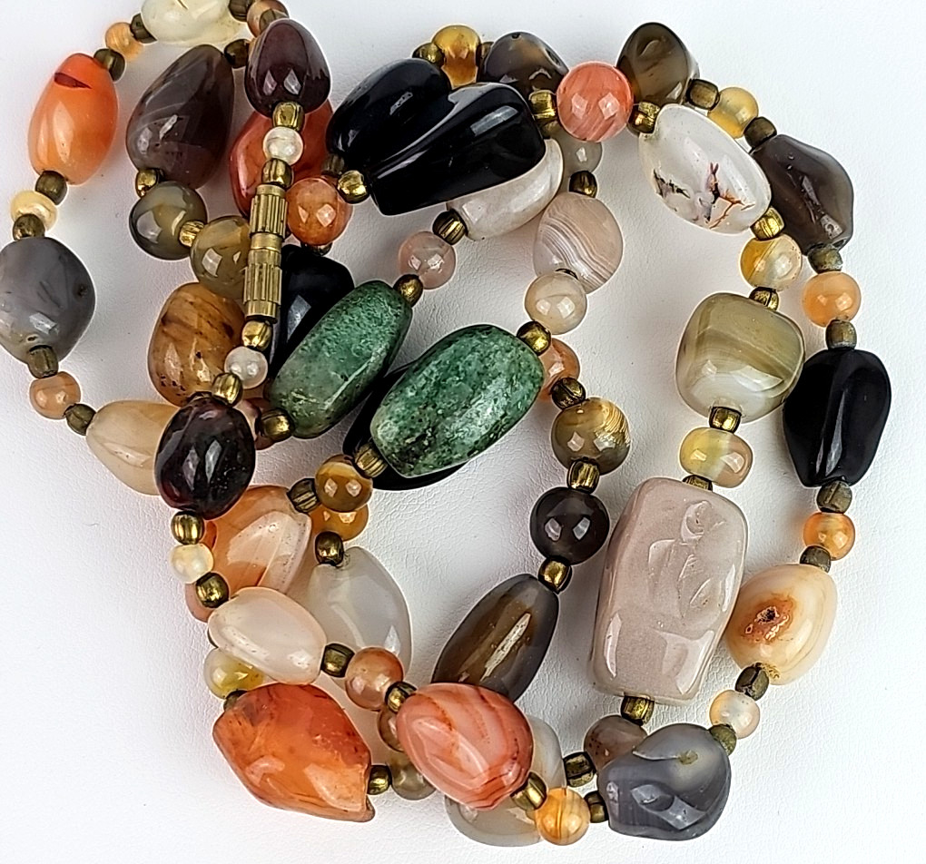 Vintage Beggars Bead Necklace Polished Stone Fall Colors Opera Length 36 Inch