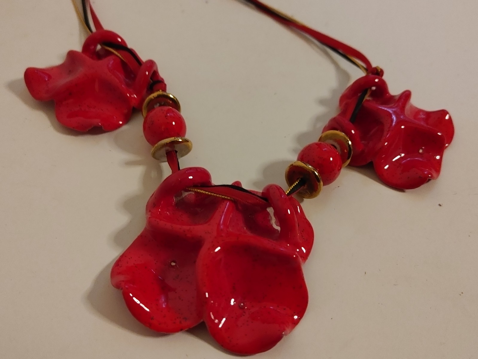 Vintage Y2K Red Enamel Poppy Necklace Ribbon Tie Back Wearable Artsy Statement