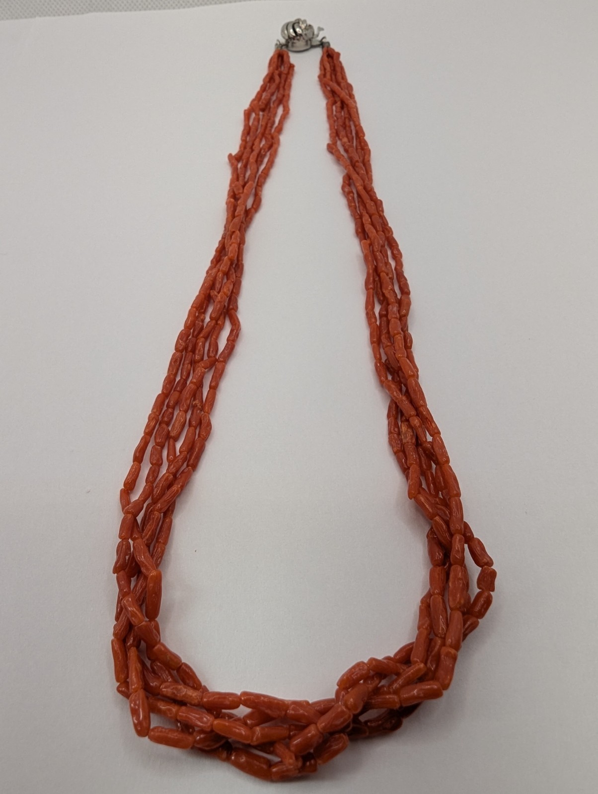Coral Necklace 5 Strand Vintage Undyed Natural Red Coral Small Tube Beads 16.2gm