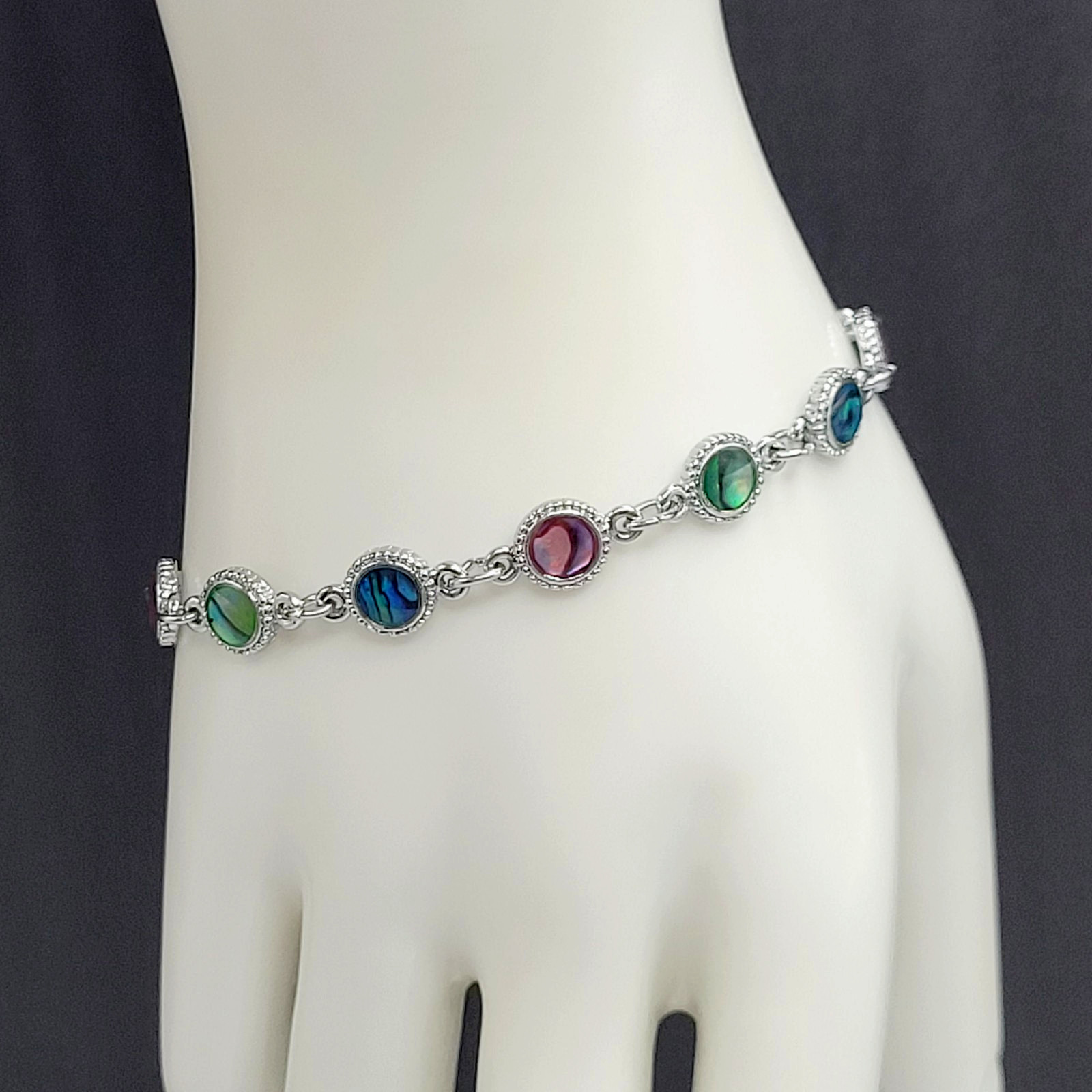 Signed SJ Colorful Paua Abalone Shell Silver Tone Link Vintage Bracelet 7.25 in