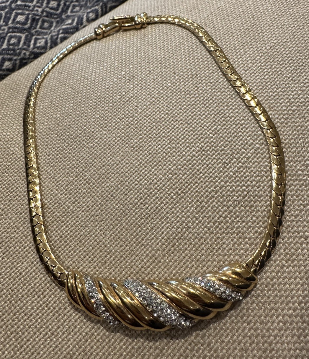 Vintage Swarovski Diamanté Ribbed Ribbon Gold Plated Runway Collar/Mob Wife/Glam