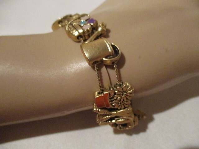 Vintage Brass & Enamel Gardening Slide Bracelet 7 1/4″ L x 3/4″ W