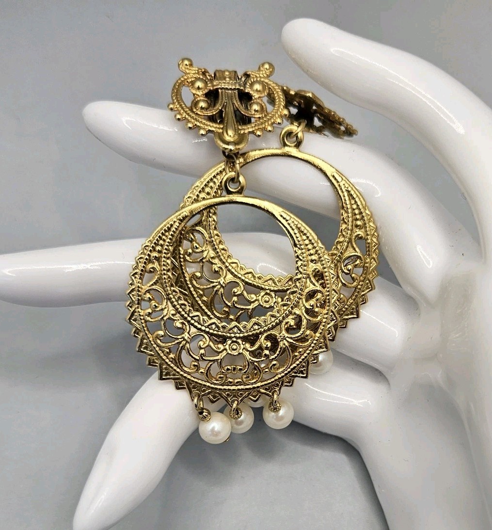 Vintage Gold Tone Earrings Filigree Hoop Faux Pearl Dangle Pierced Post Ornate