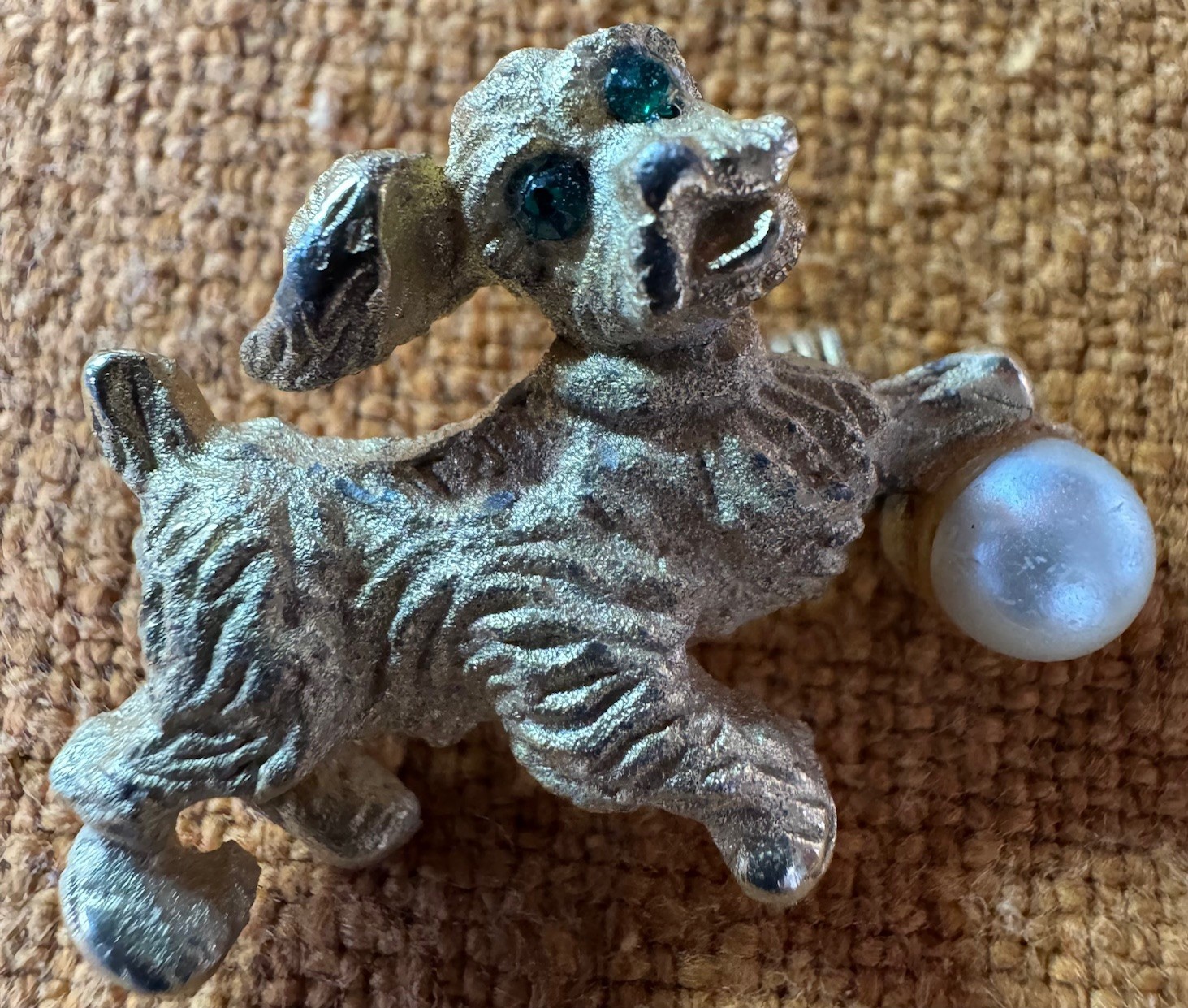Vintage 1960s Dog-Puppy Pins (2) Gold-Tone with Pearls & Green Eyes *NOTES*