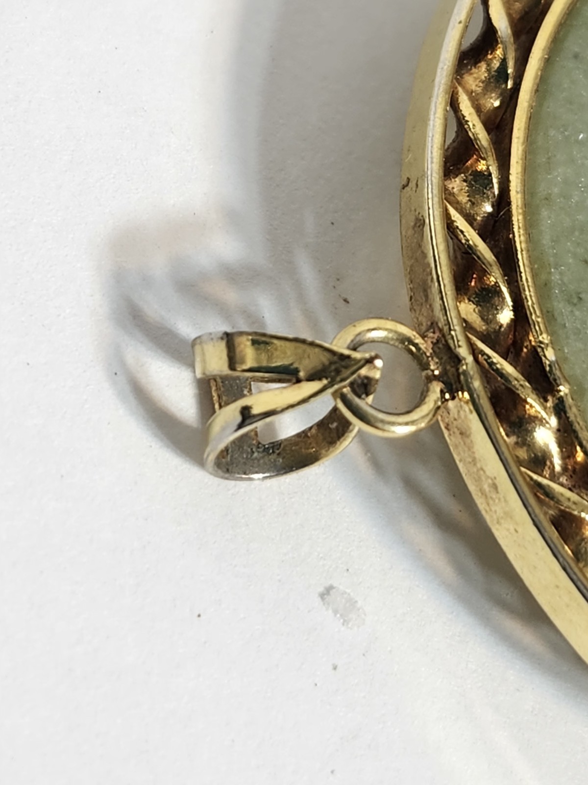 VTG Chinese BLESSING Gold Filled & Jade Pendant Bird In A Tree w/Gems ALMOST 2″W