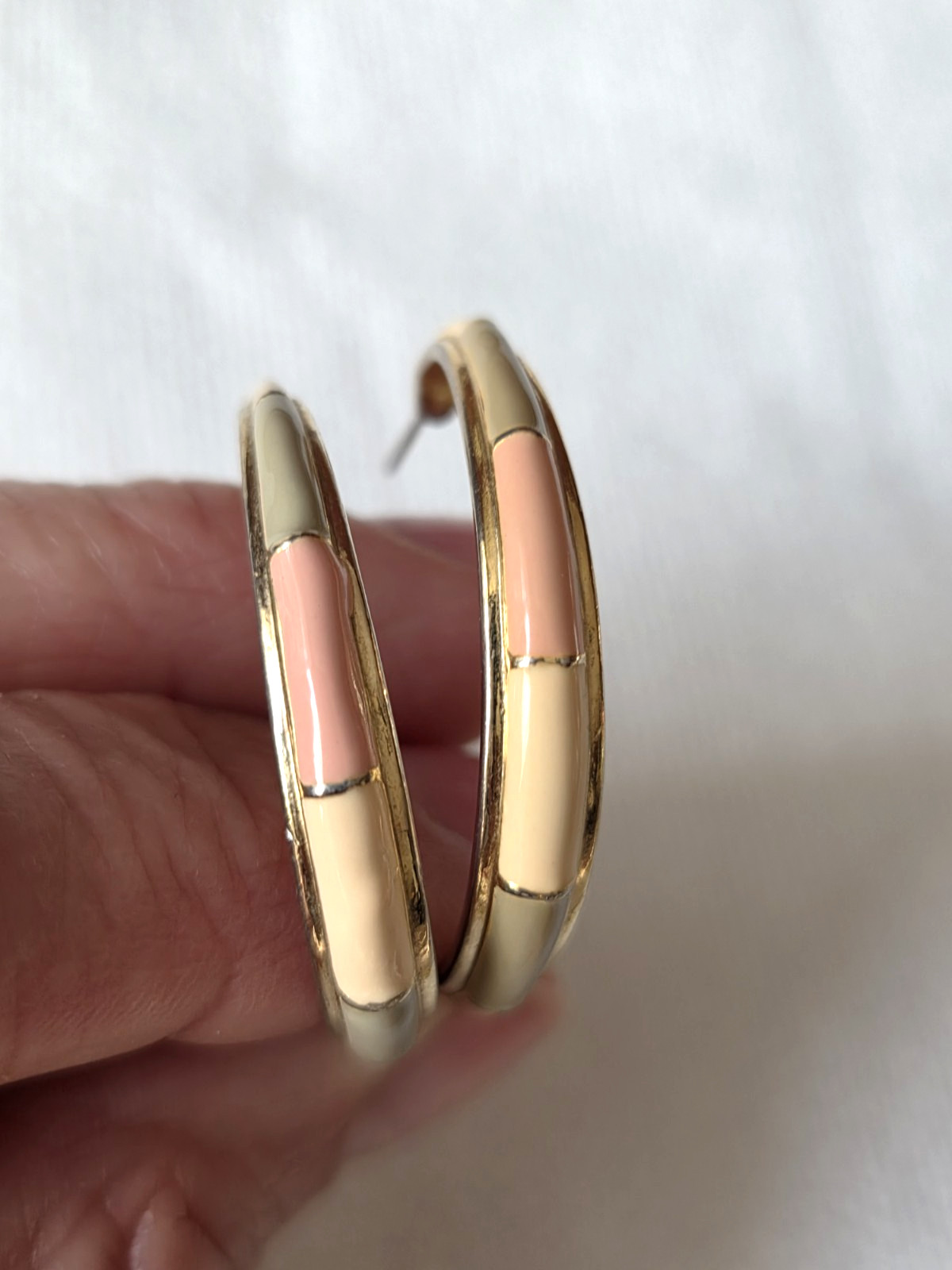 Vintage Express Gold Toned Pierced Hoop Earrings With Muted Pink & Green Enamel