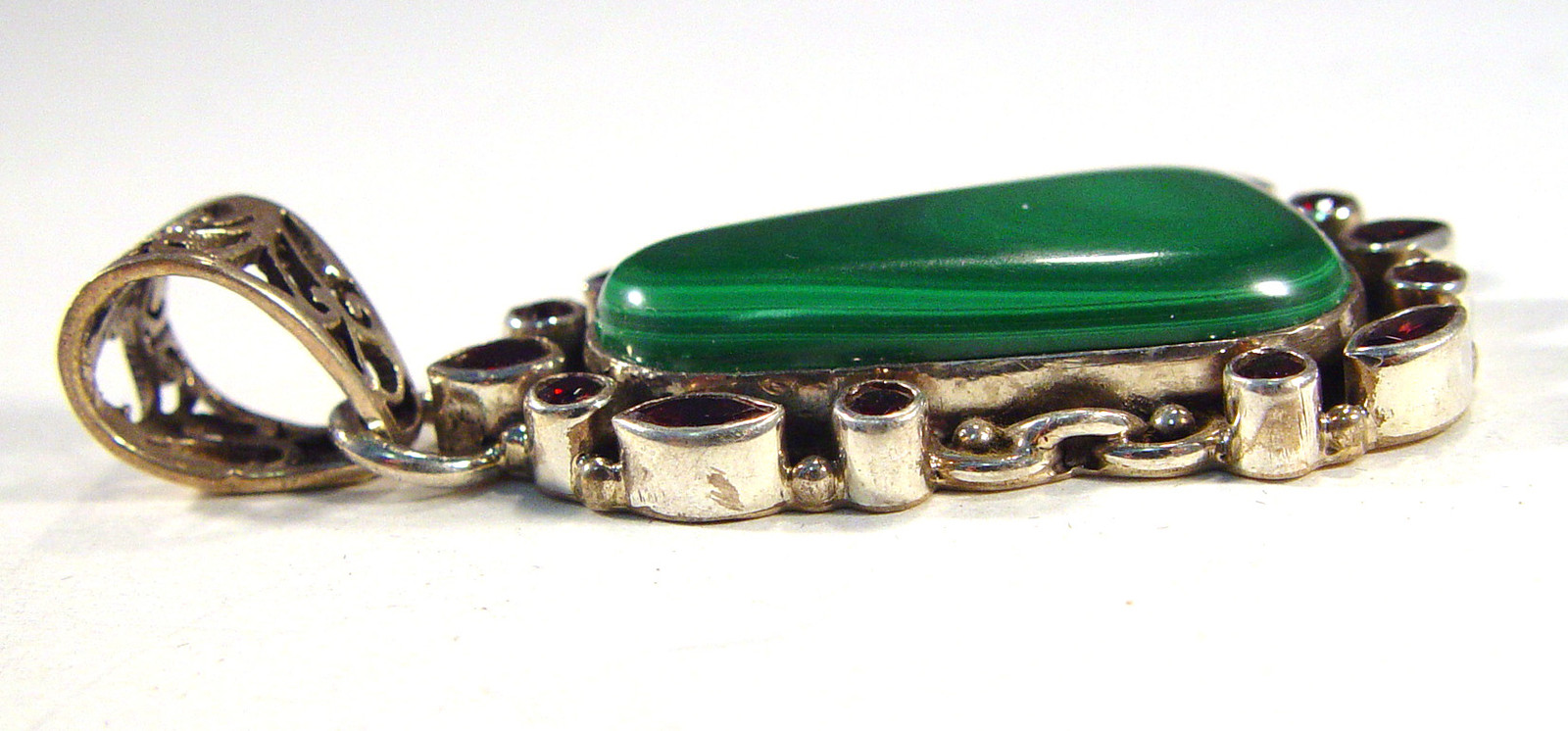Sterling silver pendant, malachite with garnets, 2 3/8 inches long, 22.75 grams