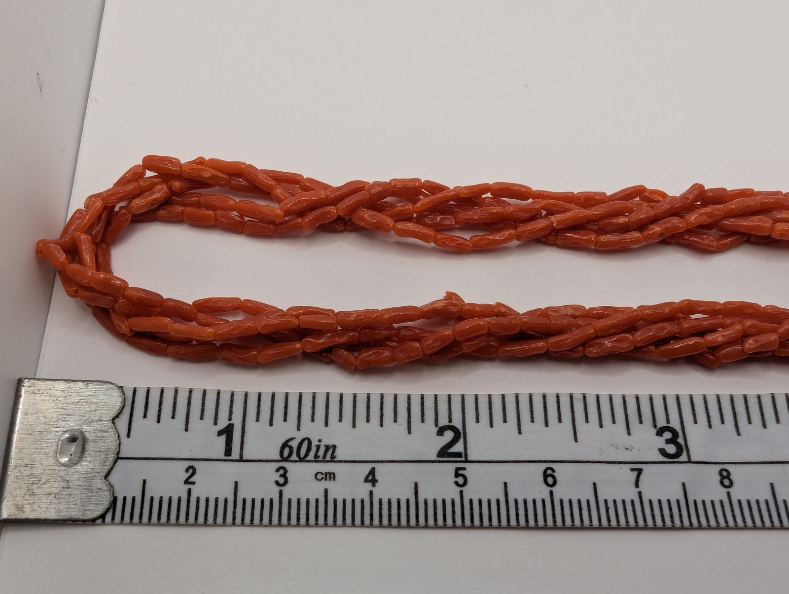 Coral Necklace 5 Strand Vintage Undyed Natural Red Coral Small Tube Beads 16.2gm