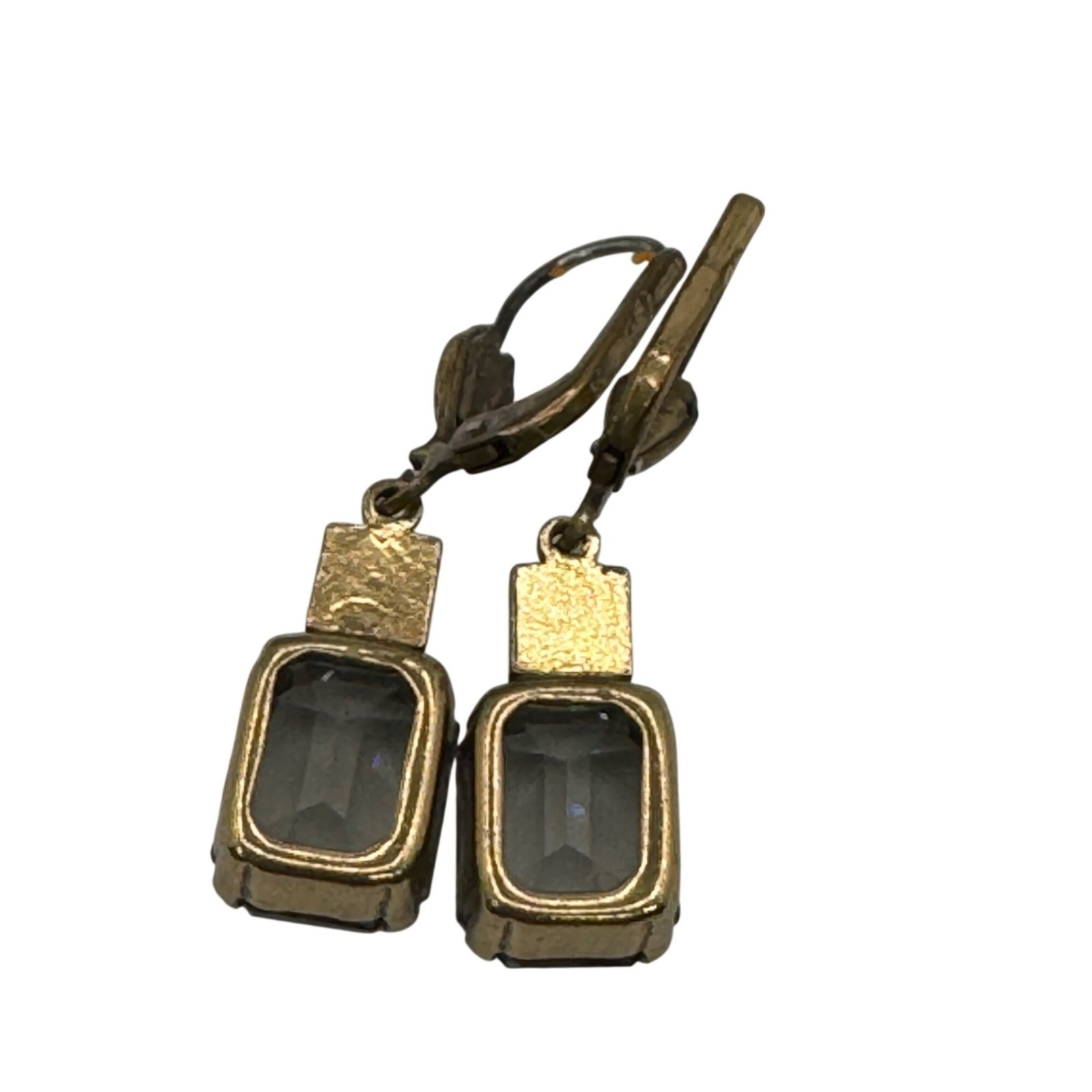 Vintage “Black Diamond” Gold Tone Leverback Drop Earrings Emerald Cut Estate