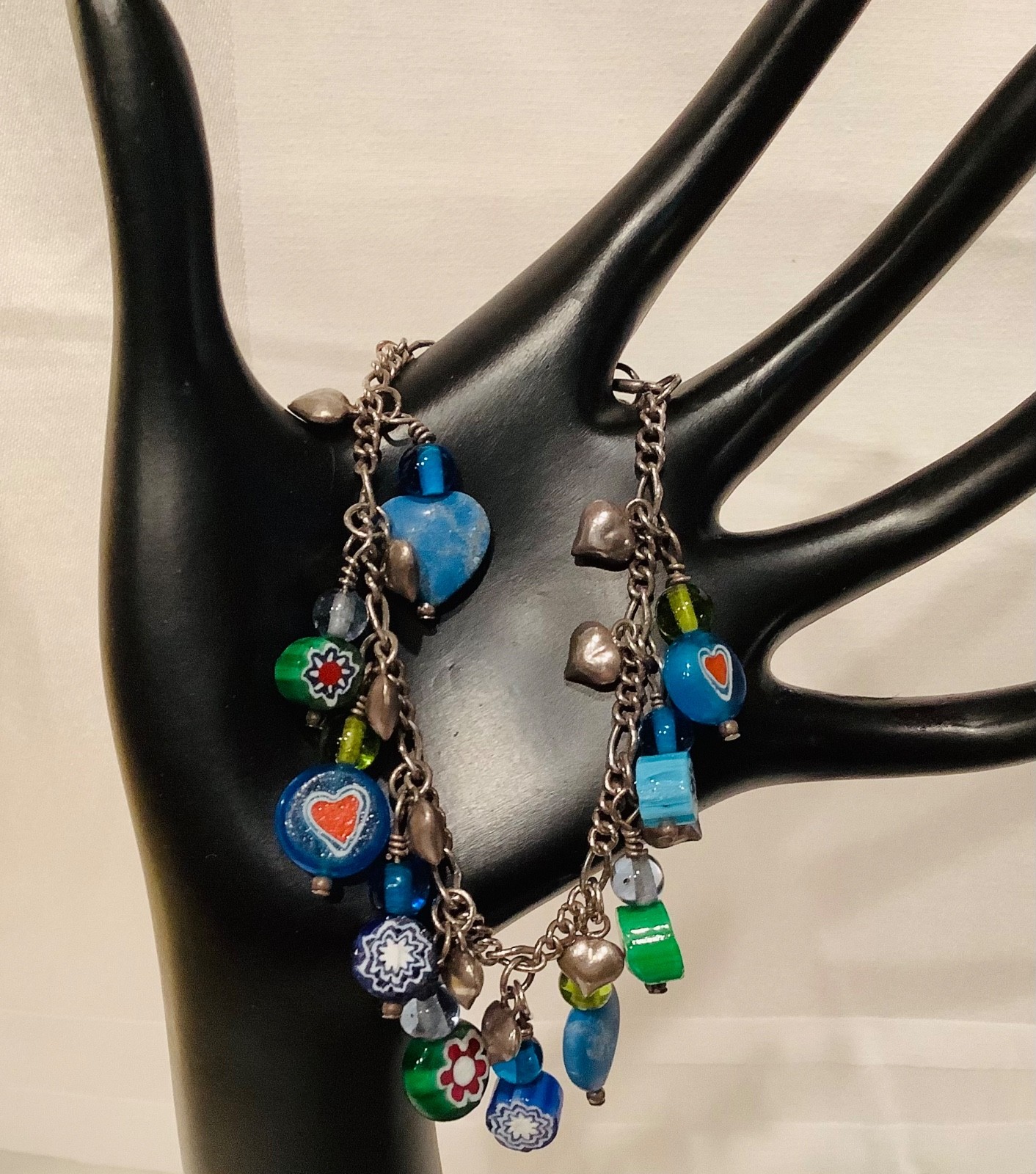 Vintage Sterling Charm Bracelet Puffed Hearts Millefiori Glass Hearts & Flowers