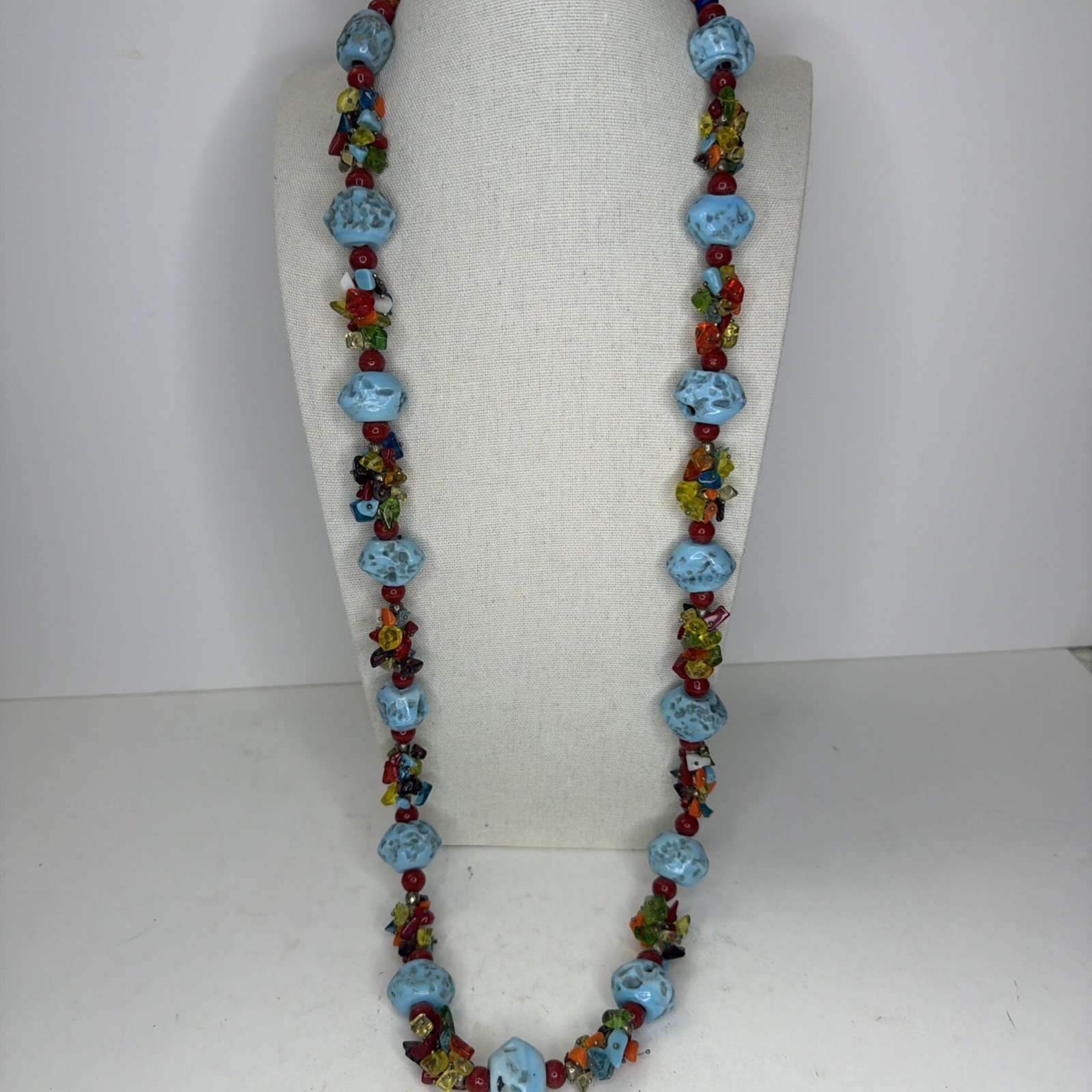 Handmade Multicolored Beaded Statement Necklace Chunky 32”