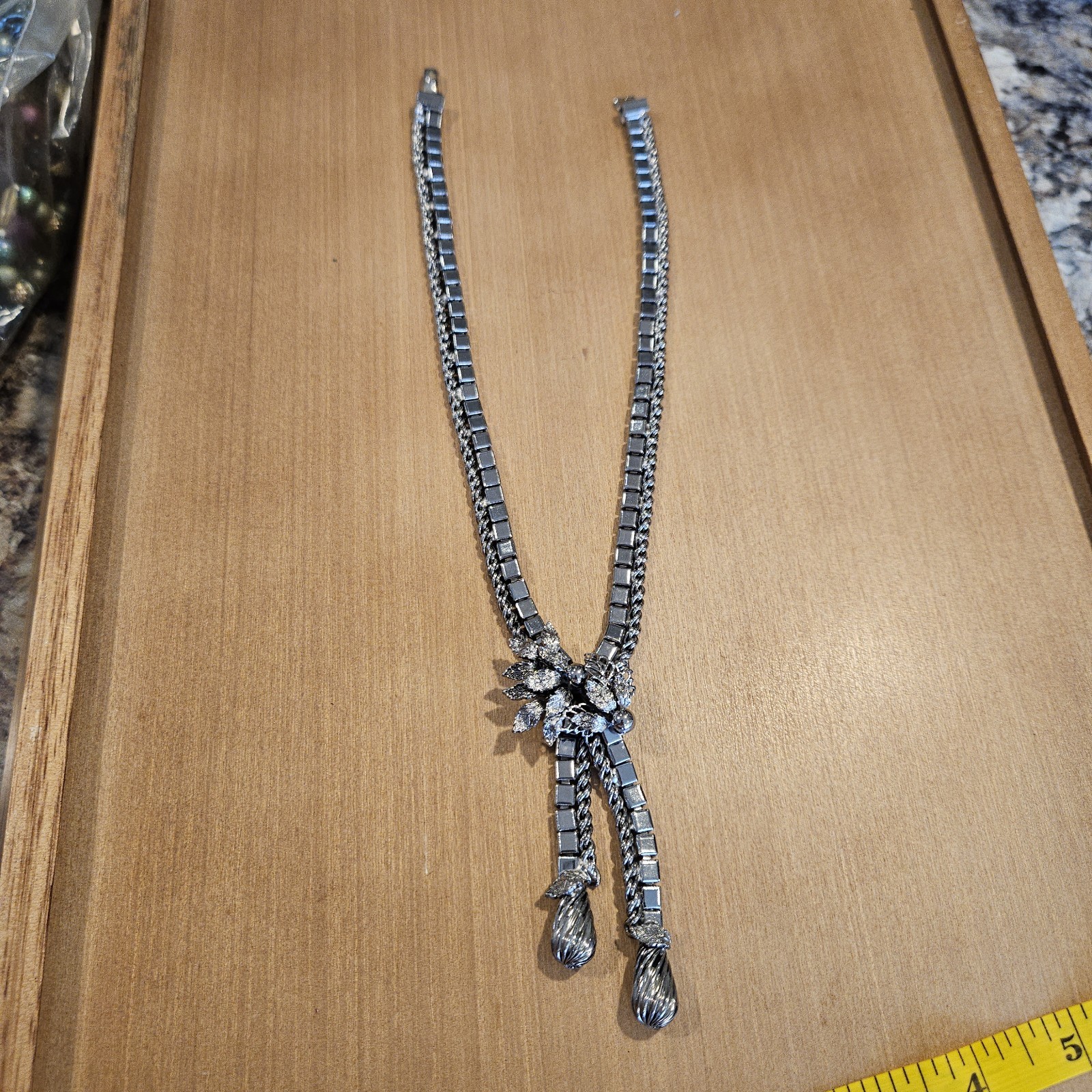 Vtg 12k White Gold Filled Chain Sliding Bead Lariat Necklace and Earrings MCM