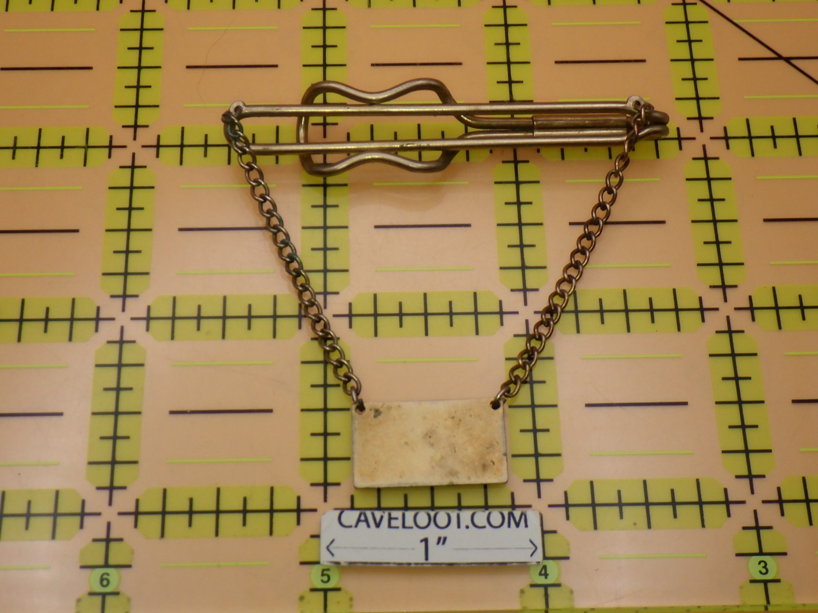Vintage Hadley Tie Bar with Chain and Deco Striped Fob Gold Tone Mid Century USA