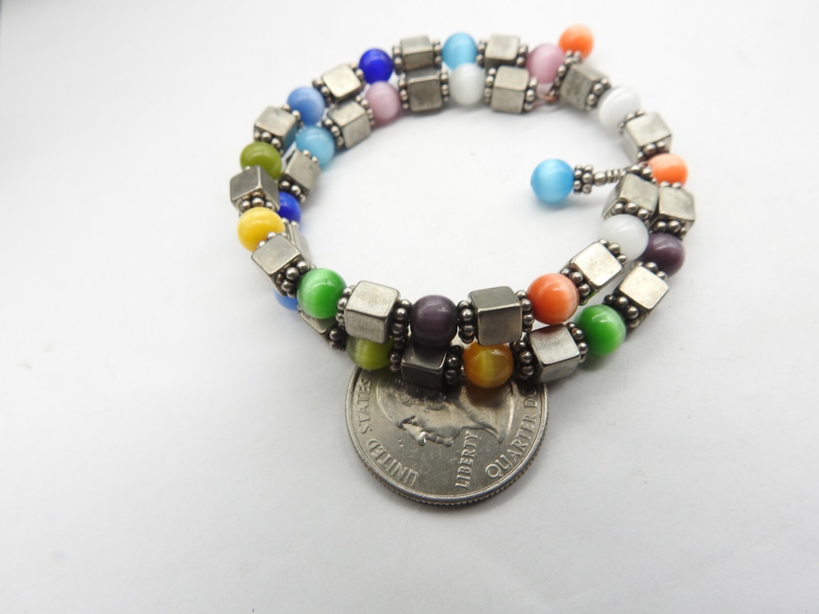 Pink White Orange Blue Yellow Purple Glass Cats Eye Memory Wire Bracelet Vintage