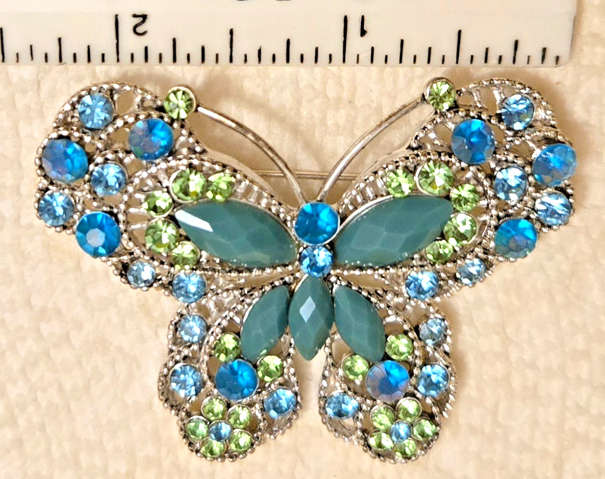 Vintage Blue & Teal Rhinestone Prong Set Butterfly Brooch