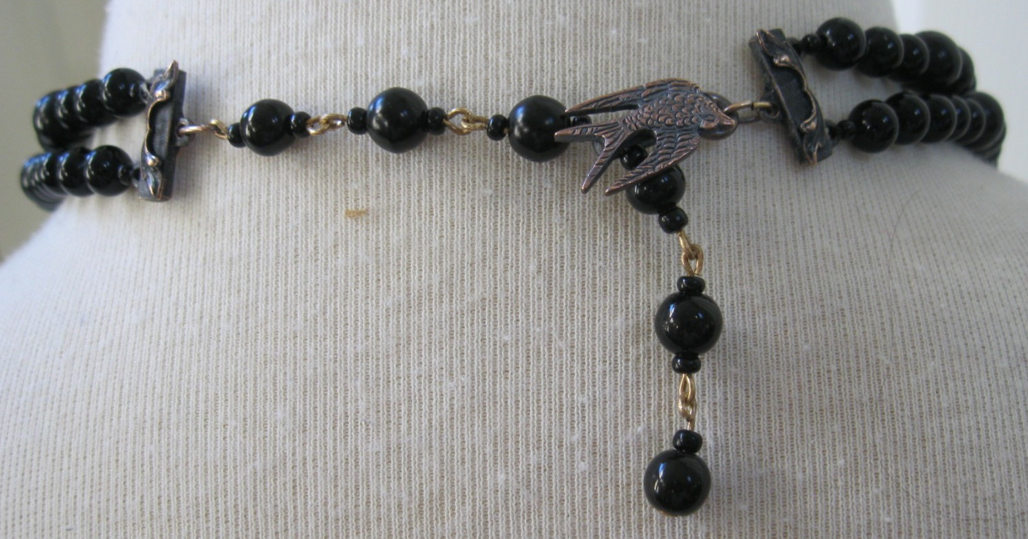 Josef Morton Blue, Black Art Glass Beads 2 Strands Necklace & Clip Earrings Set