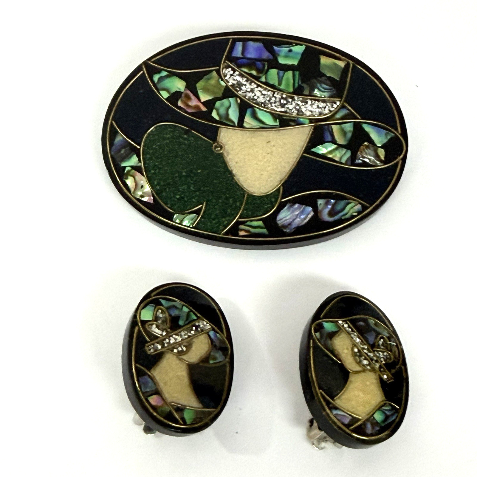 Vintage Paua Shell Brooch Earring Set Abalone Inlay Black Resin Art Deco Gatsby